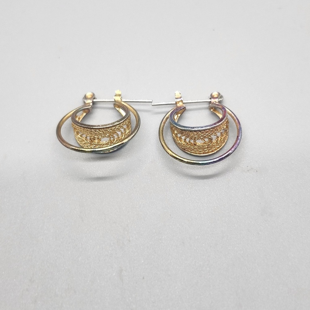 Gold Tone Double Hoop Filigree Huggie Earrings 0.75" Intricate Fashion Jewelry
